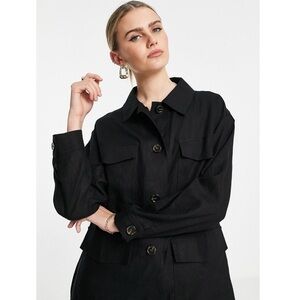 Topshop Black Linen Utility Shacket Button Front Pockets Lightweight Jacket 4